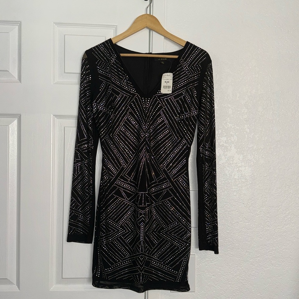 black long sleeve bling bodycon dress